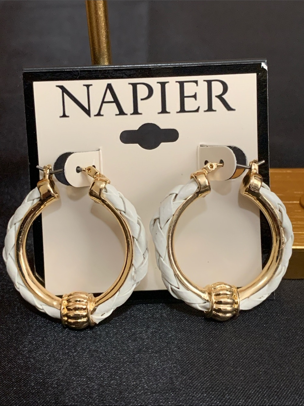 NWT Napier gold tone and white hoop earrings